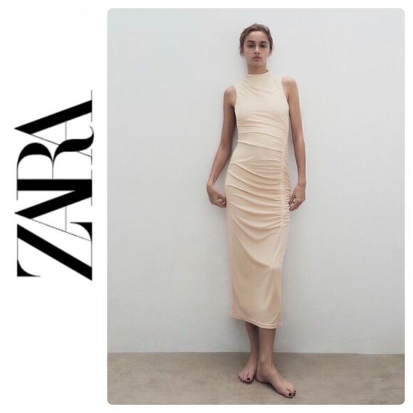 NWOT Zara Sleeveless High Neck Draped Ruched Midi Dress in Vanilla, Size XS - Picture 1 of 16